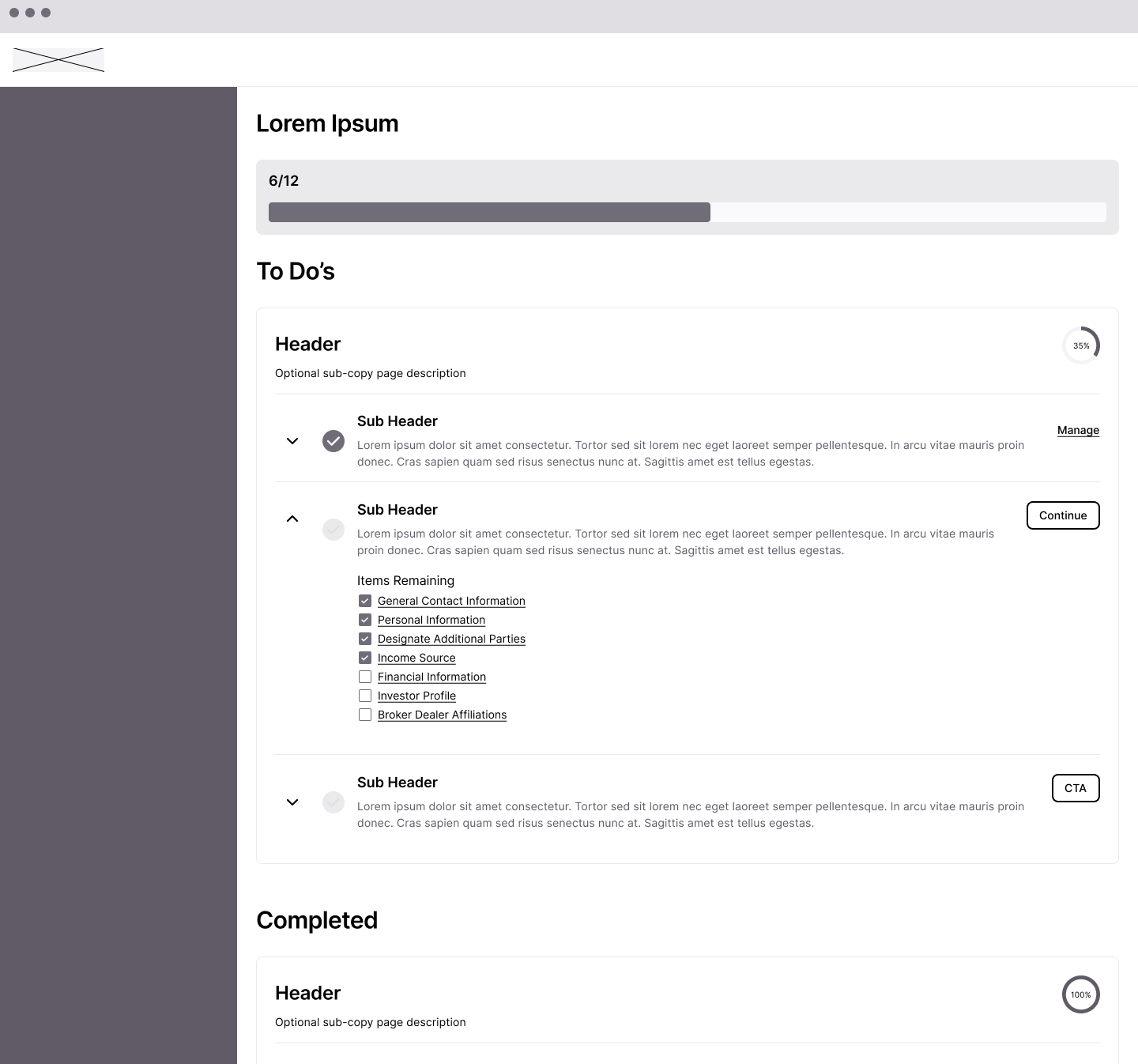 To-Do dashboard wireframe approach presenting NAO as a task list with progress percentages